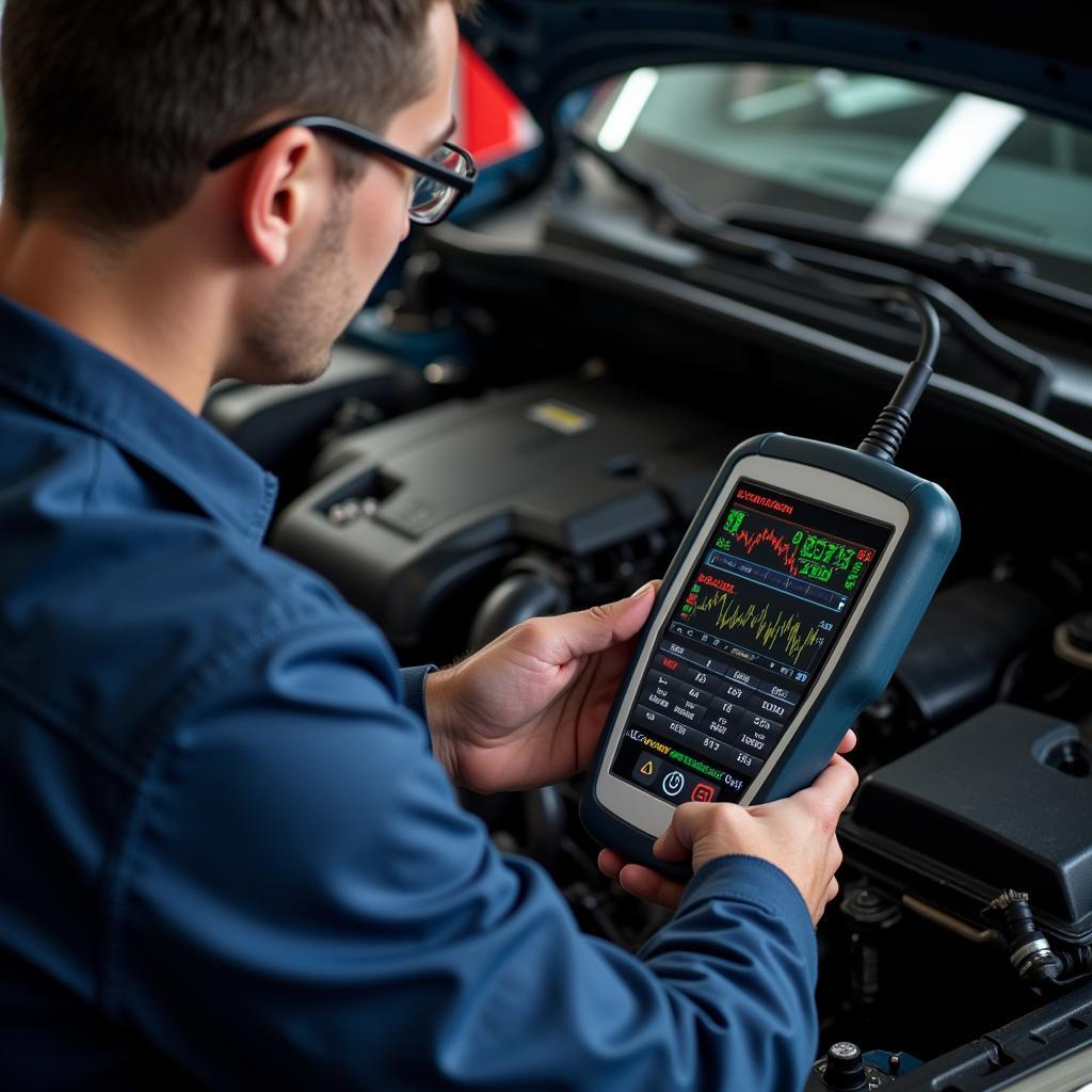 Mechanic Using Professional Car Diagnostic Scanner