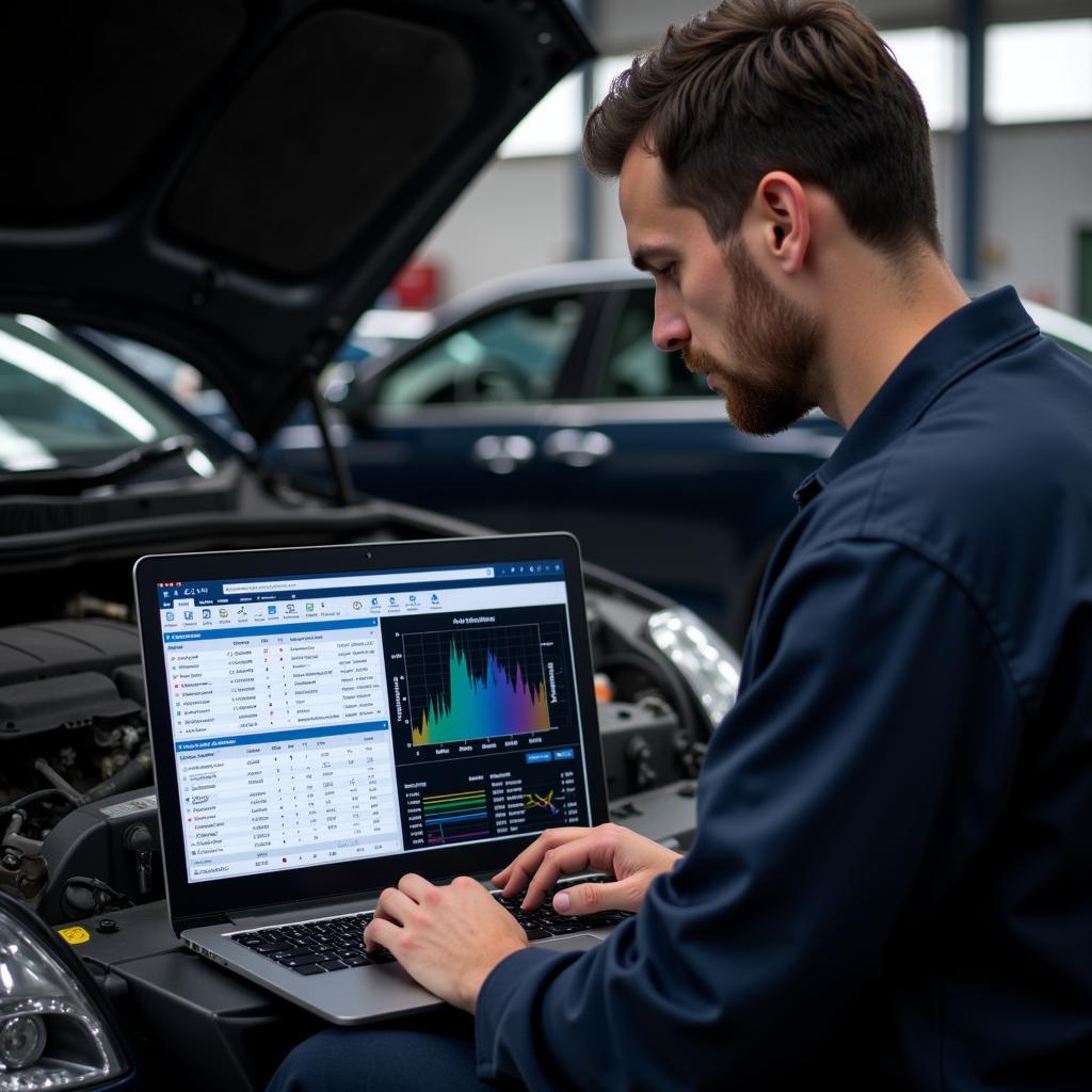 Mechanic analyzing data on a laptop with professional car diagnostic software