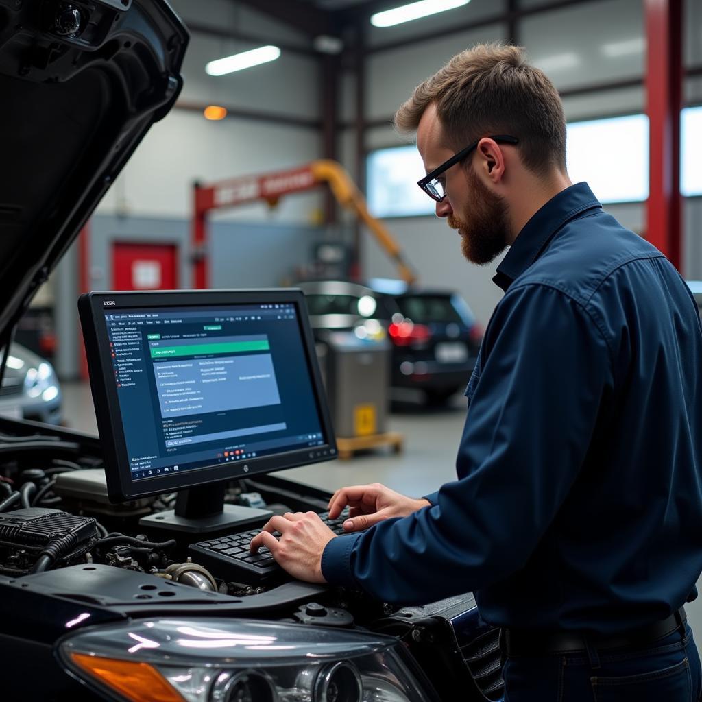 Mechanic Using Professional Car Diagnostic Software