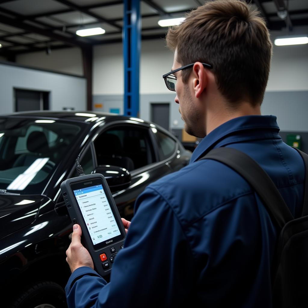 A mechanic using a professional cars diagnostic test code reader