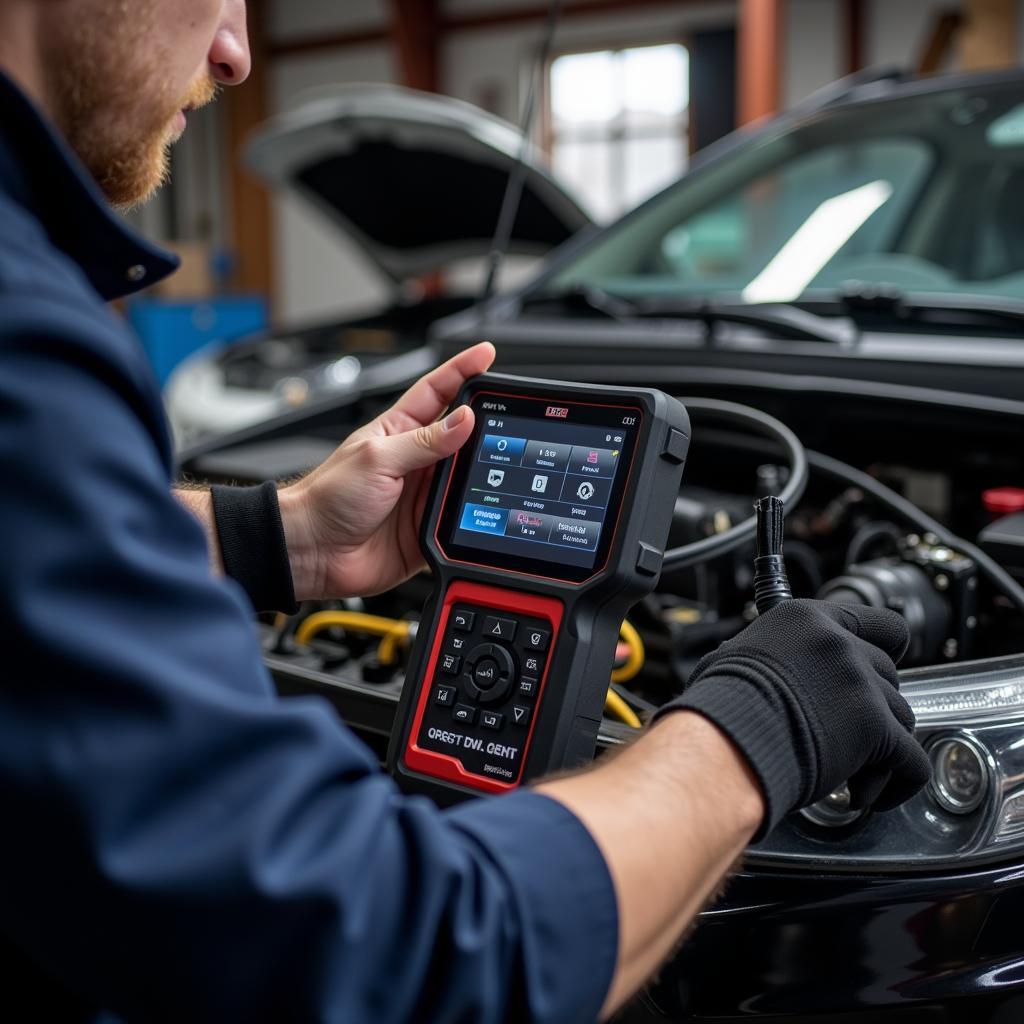 Mechanic using professional car diagnostic tool