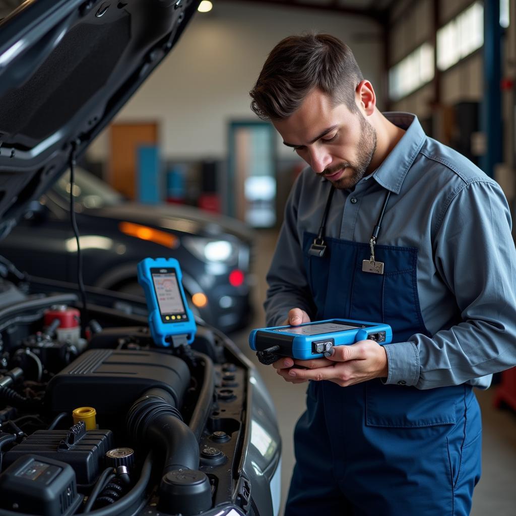 Professional Mechanic Using a High-End Diagnostic Tool