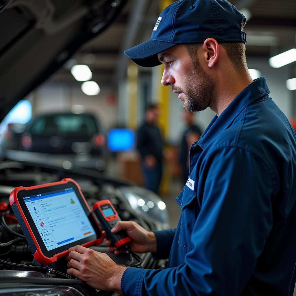 Mechanic Using Professional Car Diagnostic Tool