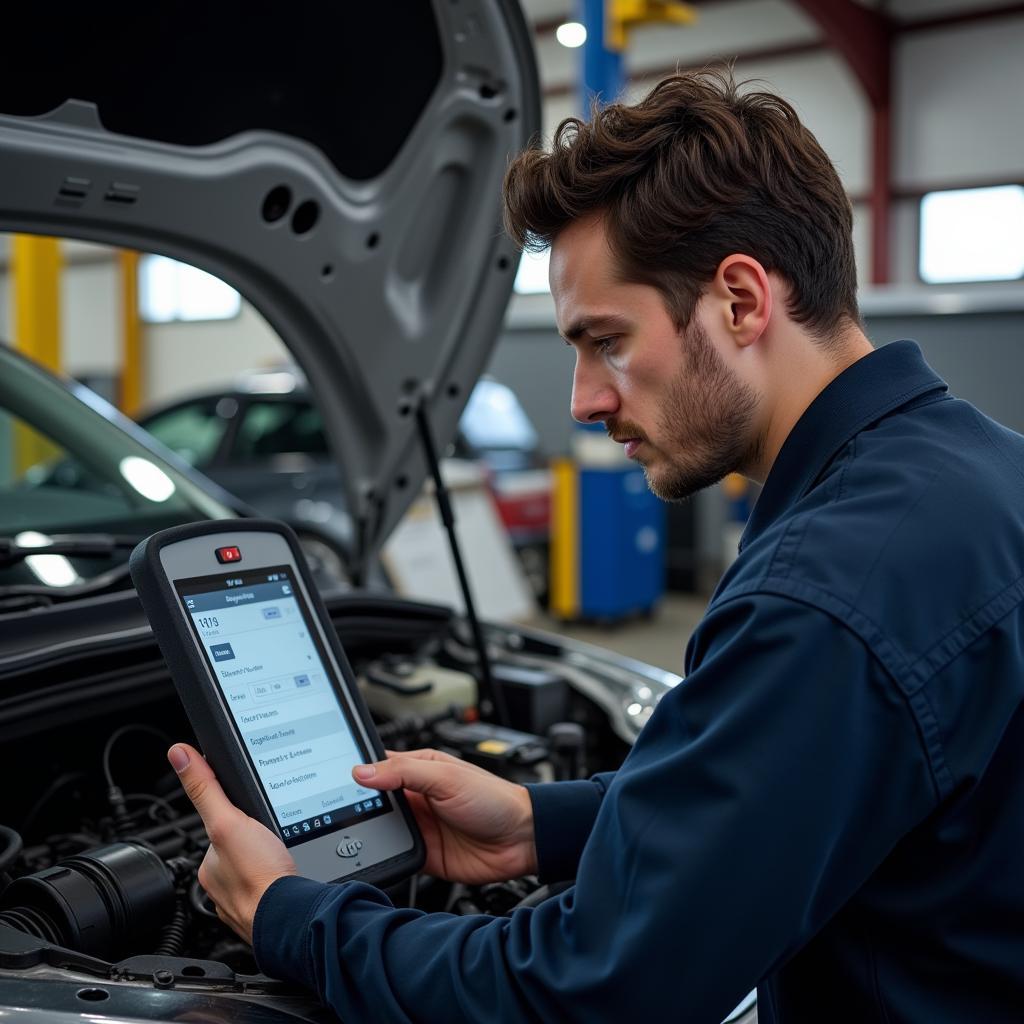 Mechanic Using Professional Diagnostic Scanner