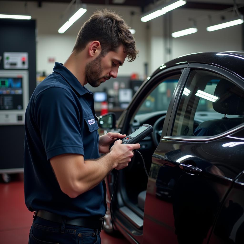 A mechanic using a professional diagnostic scanner on a vehicle