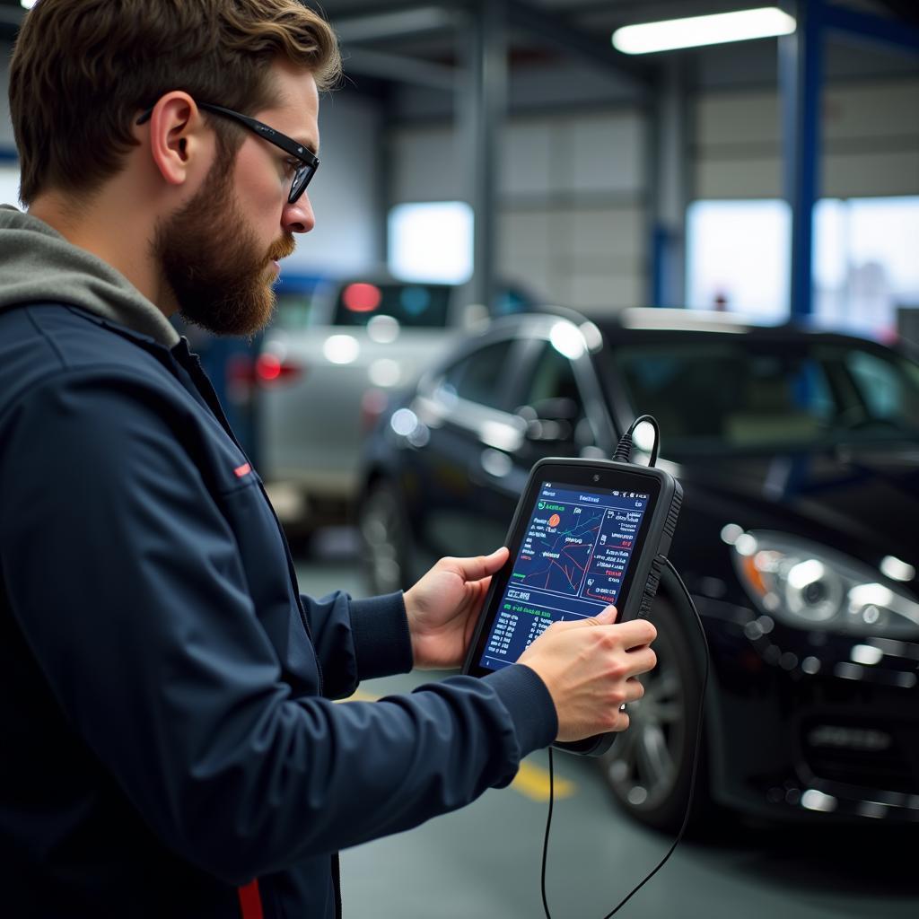 Mechanic Using Professional Diagnostic Scanner in a Garage