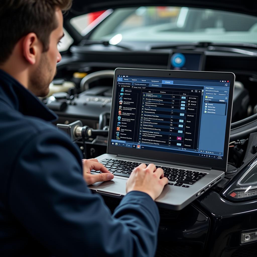 Mechanic Using Professional Car Diagnostic Software