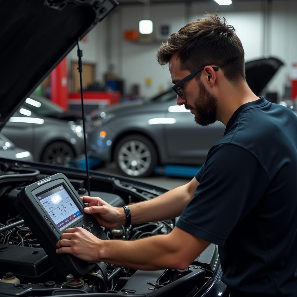 Mechanic using a professional diagnostic tool in a garage