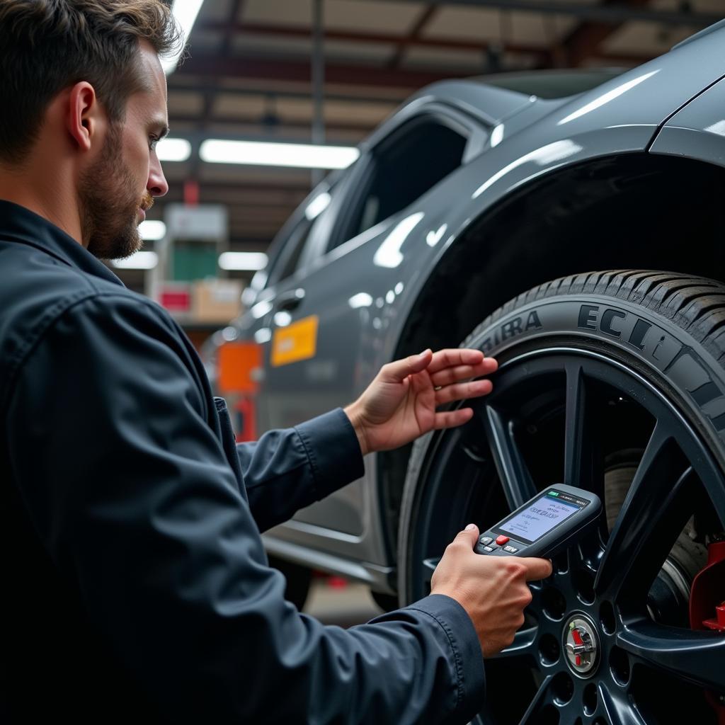 A mechanic in a workshop using a professional-grade car diagnostic tool