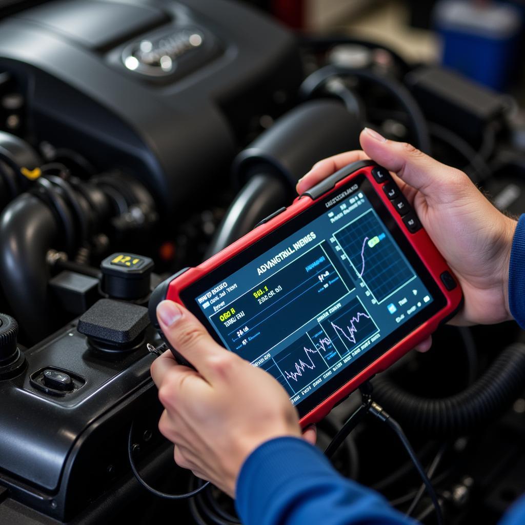 A mechanic uses a professional diagnostic tool to diagnose a complex engine issue.