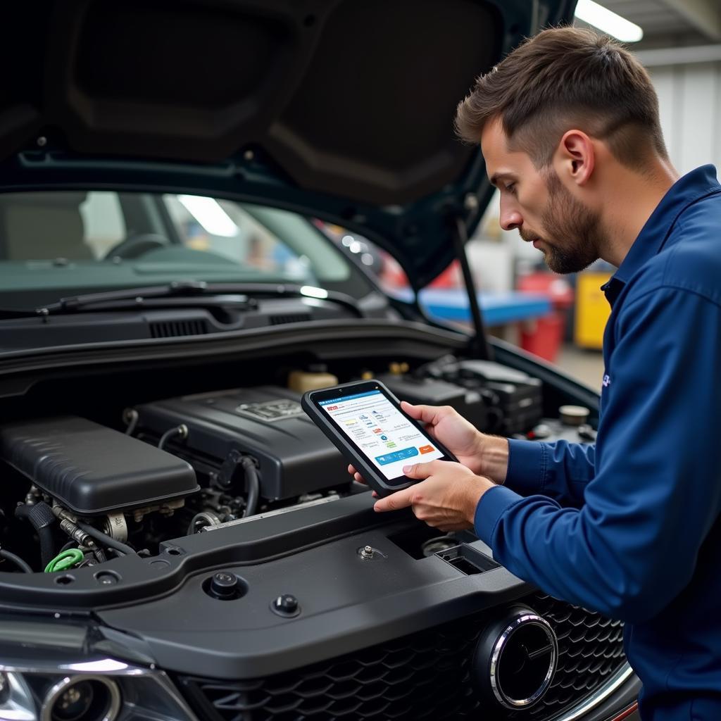 Professional Mechanic Using Diagnostic Tool on Car