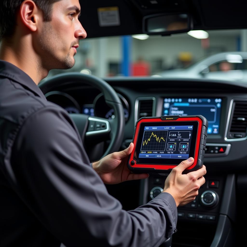 Mechanic using a professional car diagnostic tool