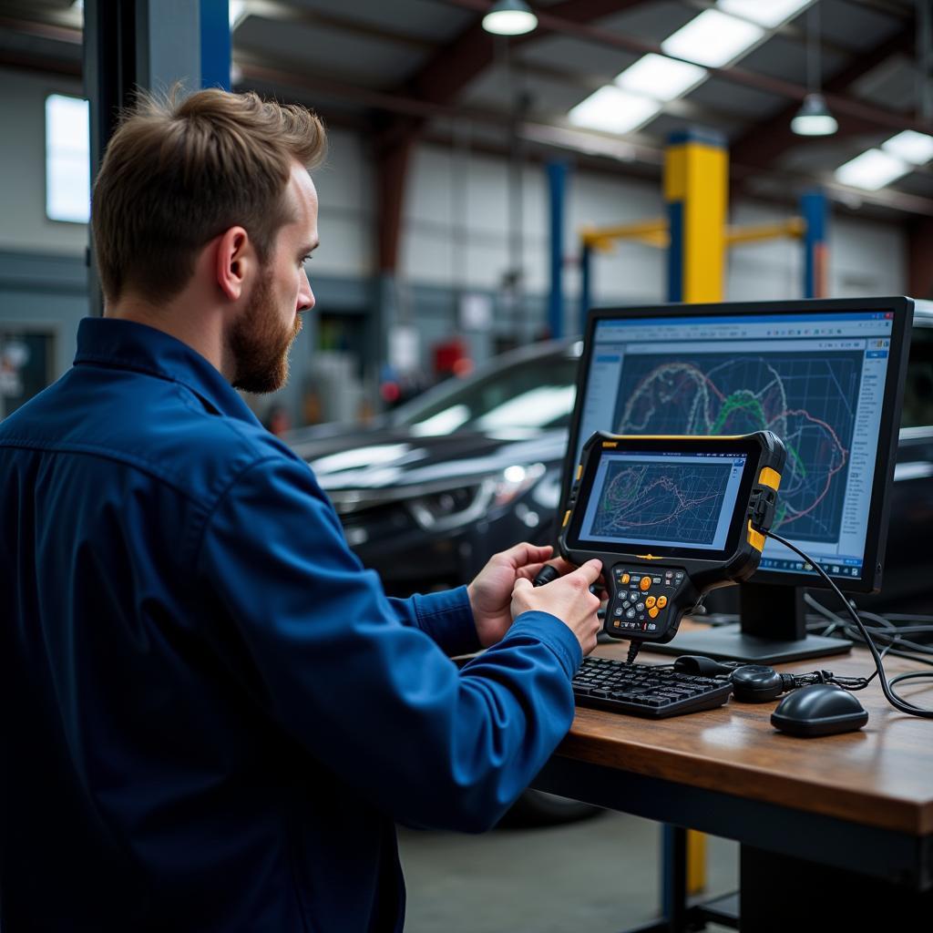 Mechanic Diagnosing Car with Advanced Tool