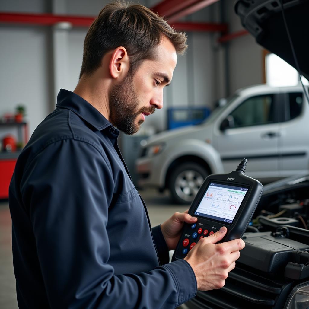 Mechanic Using a Professional Diagnostic Tool in a Garage