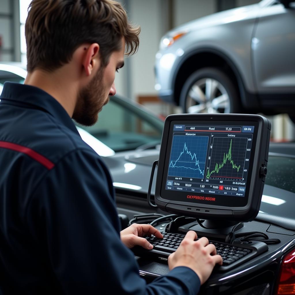 Mechanic Using Professional Diagnostic Tool in Auto Shop