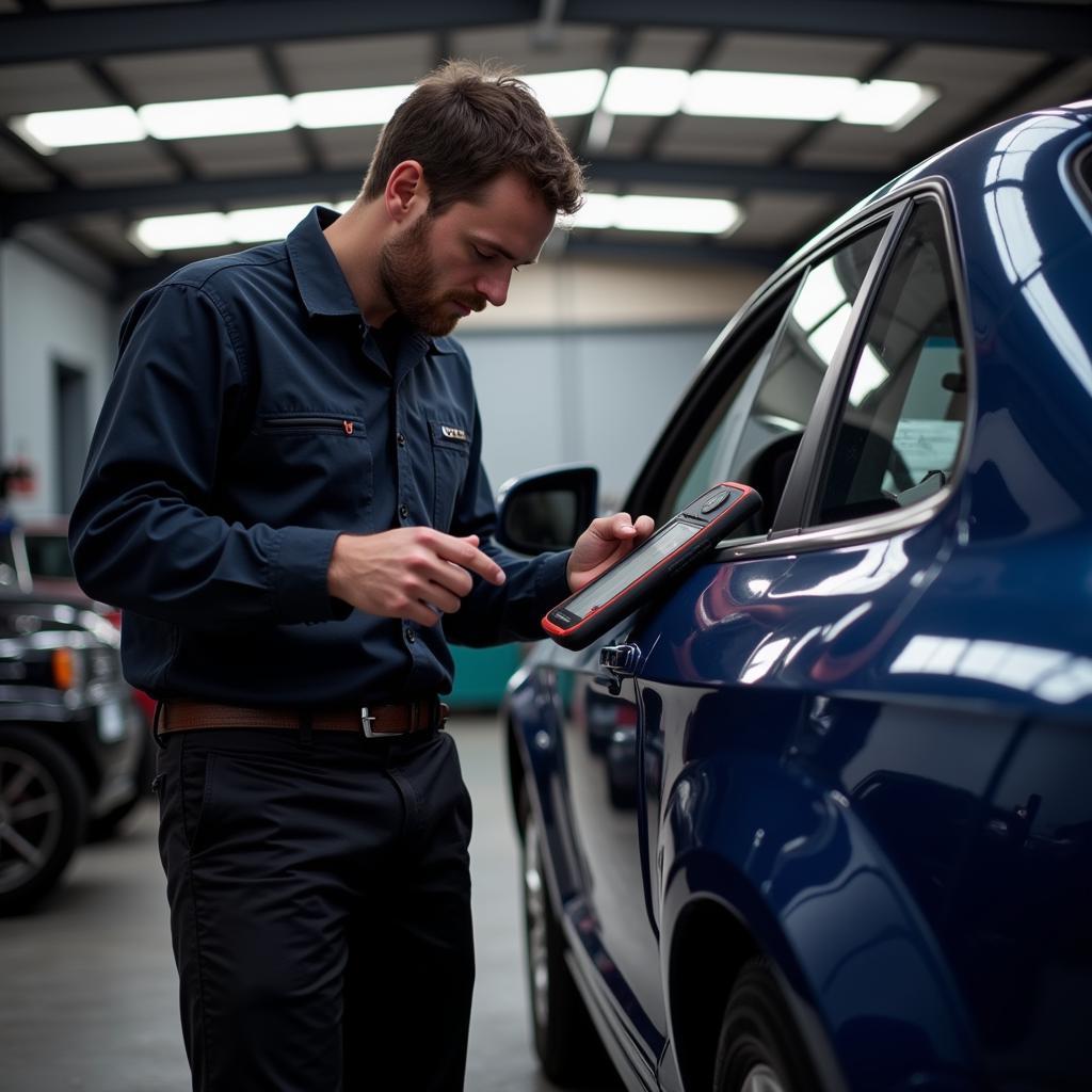 Mechanic using a professional-grade diagnostic tool on a car