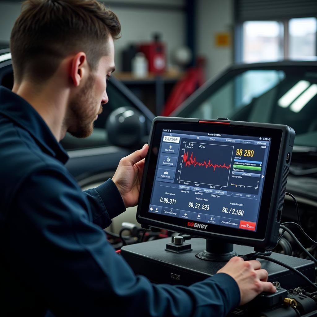 Mechanic using a professional diagnostic tool to diagnose a car problem.