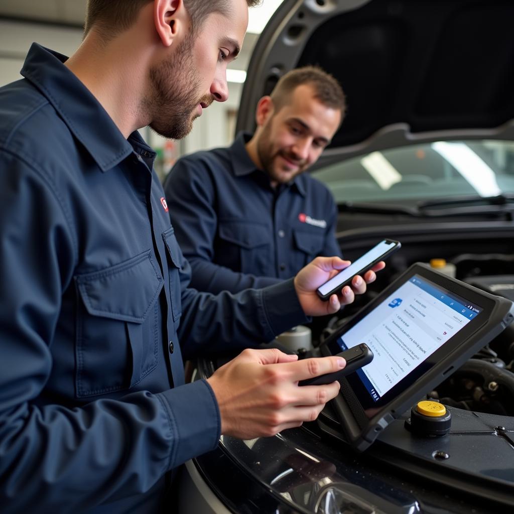 Mechanic Using Carly Alongside Professional Tool