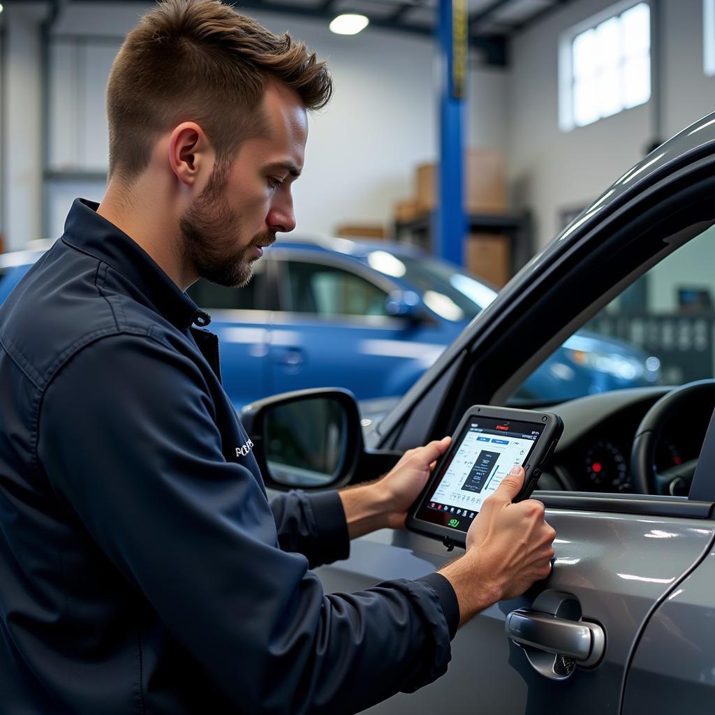 Mechanic Using Professional Diagnostic Tool in Workshop