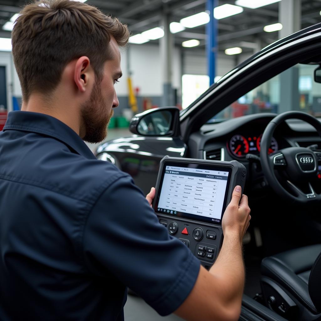 Mechanic Diagnosing Audi with Professional Tool