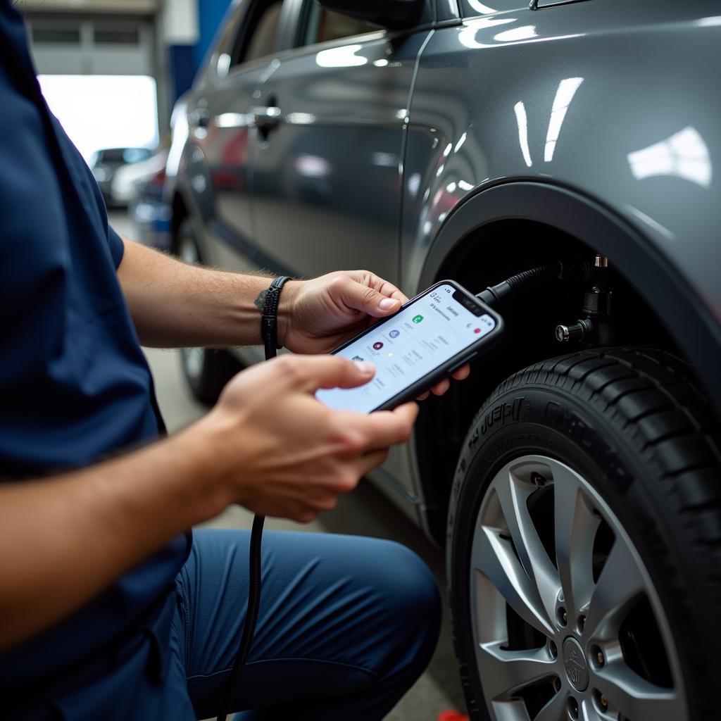 Mechanic Using Professional Diagnostic Tool on Car