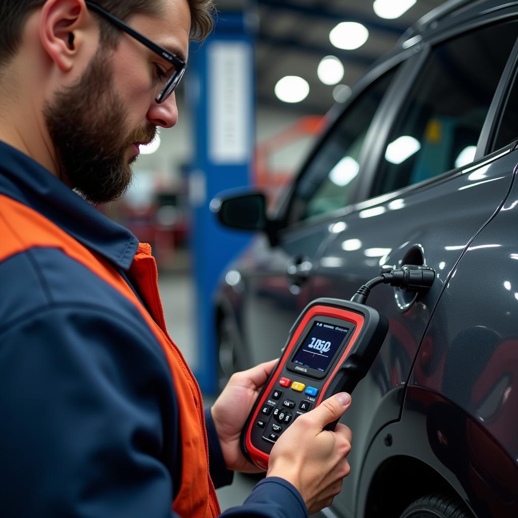  A mechanic in a workshop using a professional-grade ELM scanner to diagnose a car.