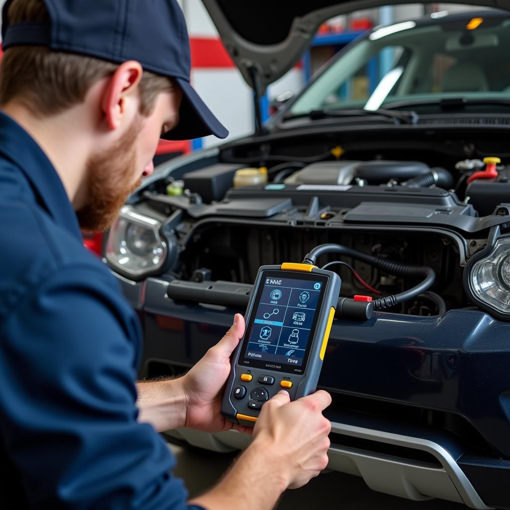 Mechanic using professional-grade car analyzer diagnostic tool