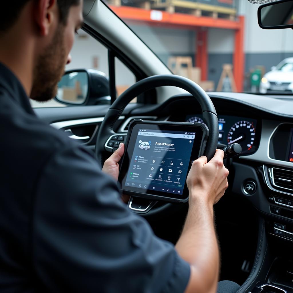 Mechanic Using Professional-Grade Scan Tool on a Luxury Car