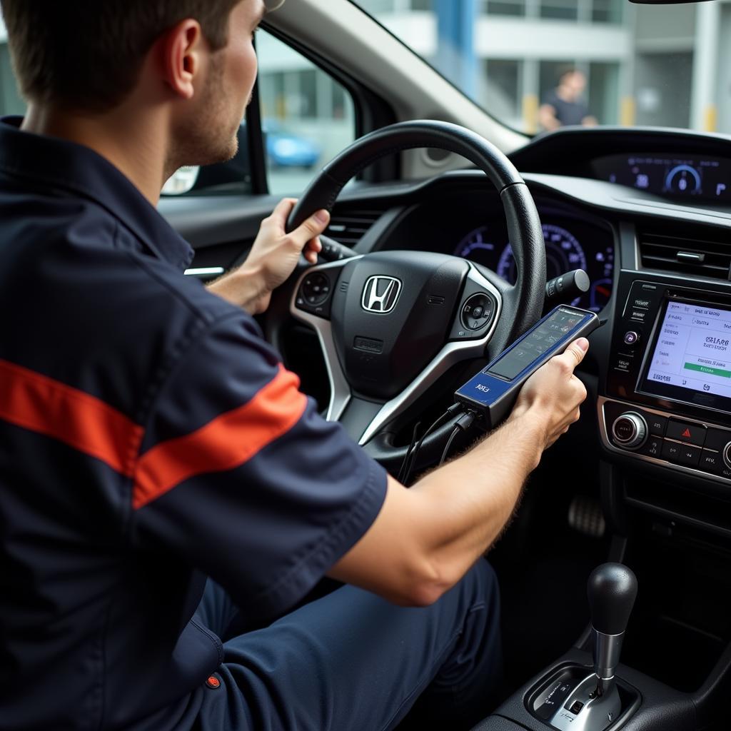  Mechanic Using a Professional-Grade Scan Tool on a Honda Civic 2013