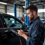 Mechanic Using a Professional-Grade Scanner in a Garage