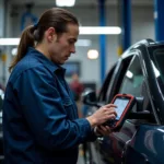 Mechanic Utilizing a Professional-Grade Diagnostic Scanner