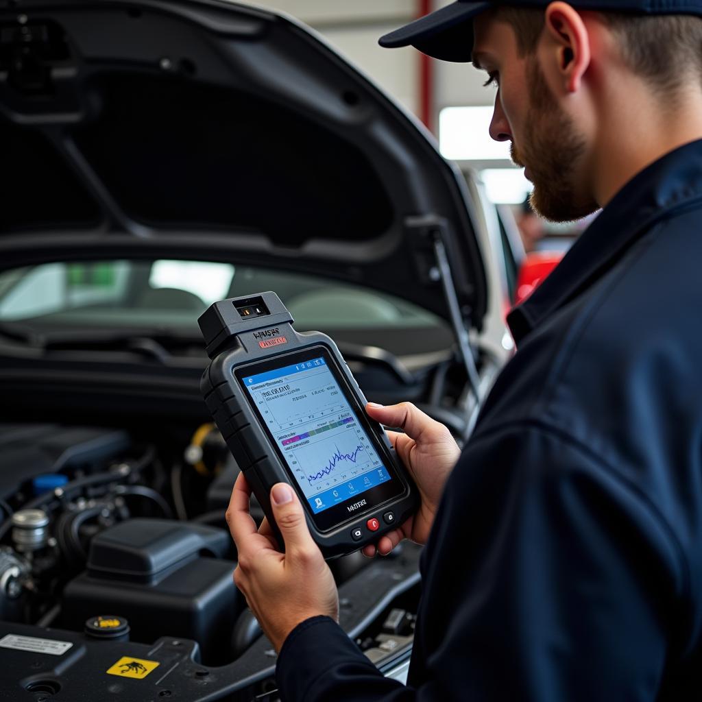 Mechanic Diagnosing Car with OBD2 Scanner