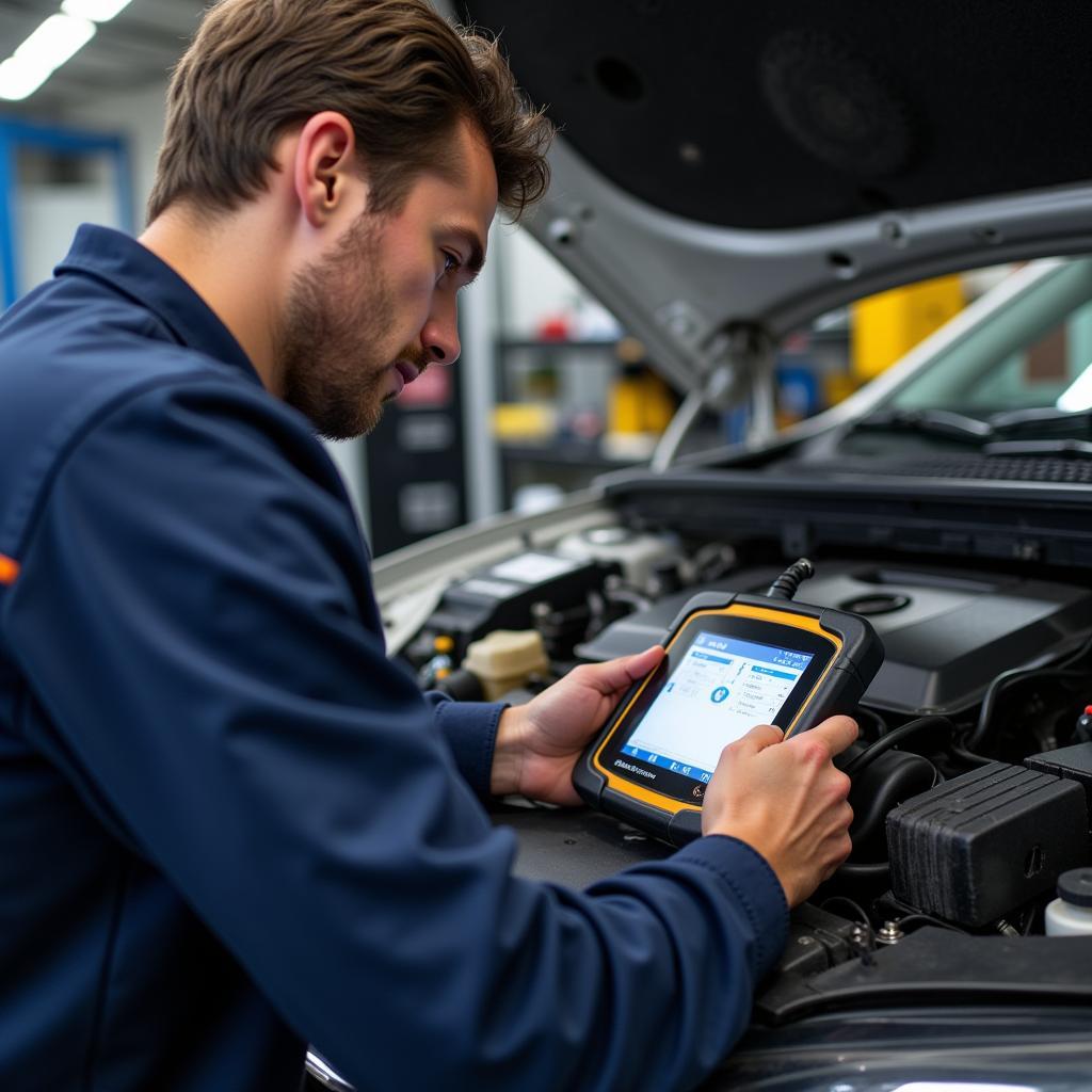 Mechanic using a professional-grade OBDII scanner in an auto repair shop