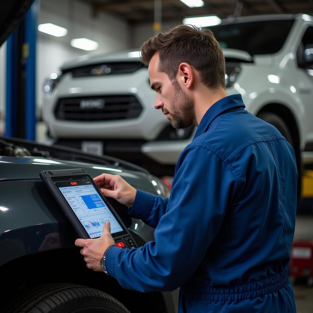 Mechanic Using Professional-Grade Scan Tool in Auto Shop