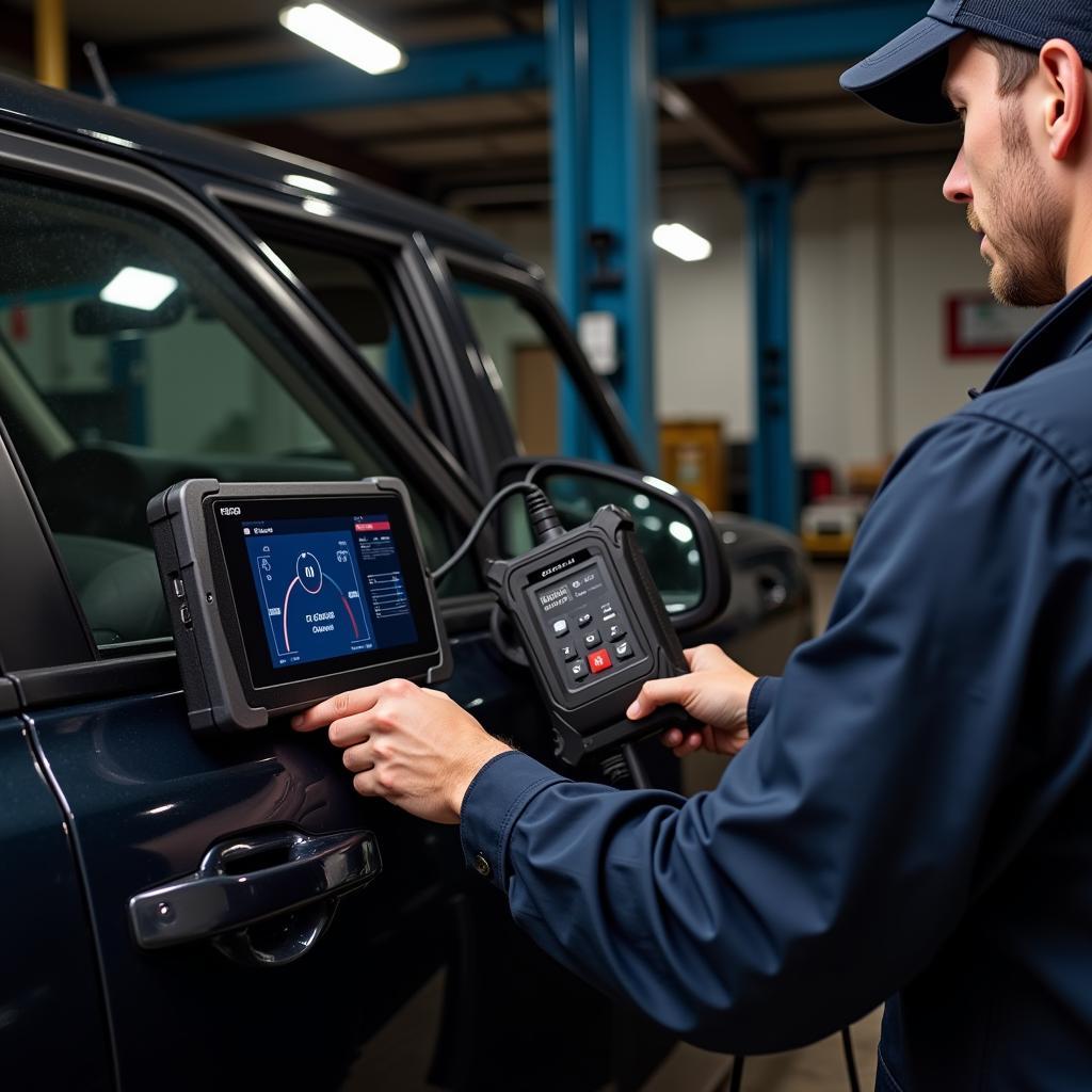 A mechanic uses a professional scan tool to diagnose a car.