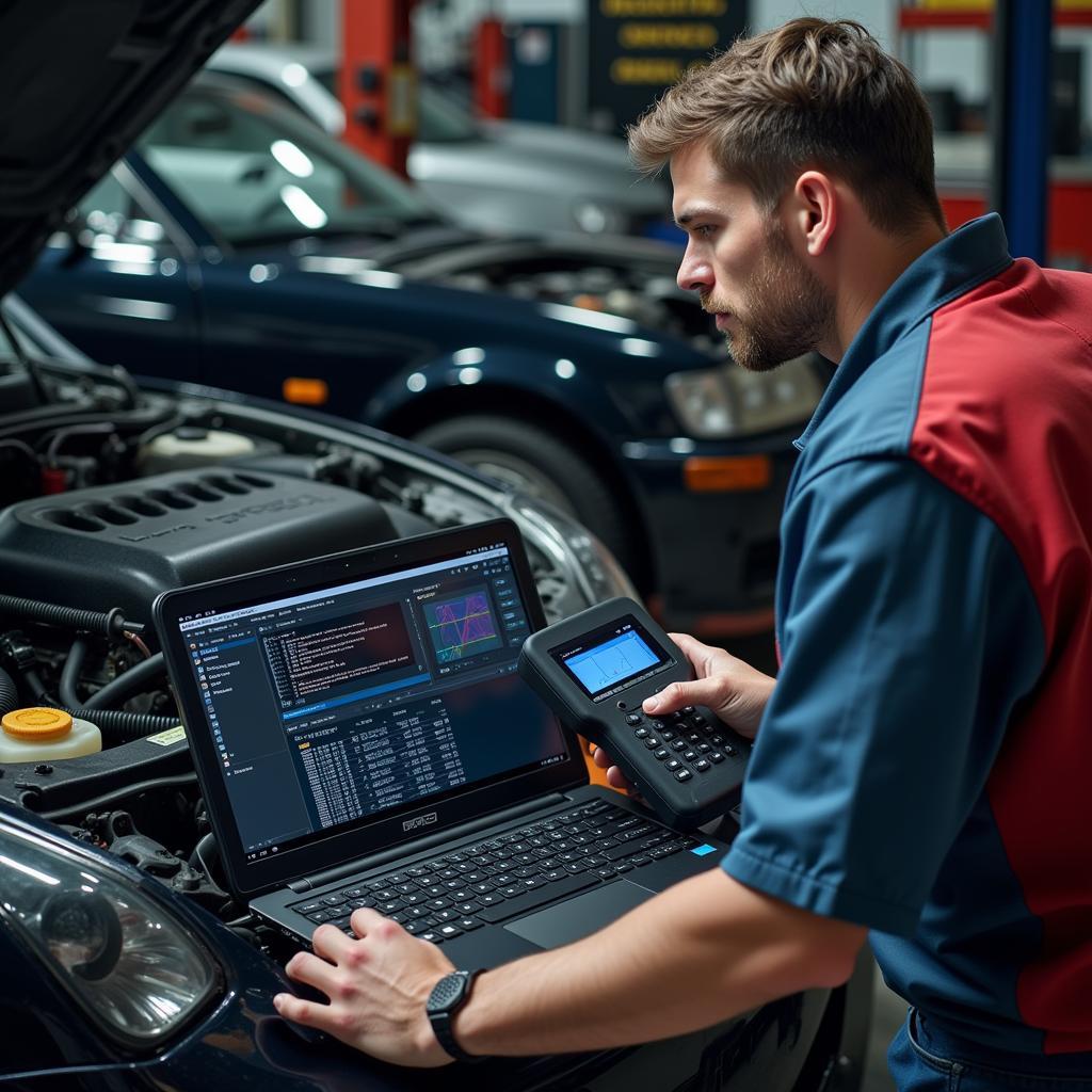 Mechanic using a professional-grade diagnostic scanner