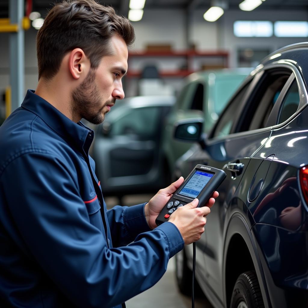 Mechanic Diagnosing Car with Advanced Scanner