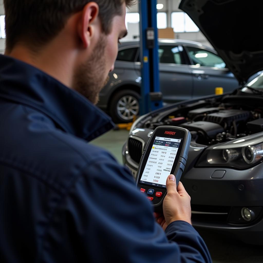 Mechanic Using a Professional OBD2 Scanner to Diagnose a Car Problem