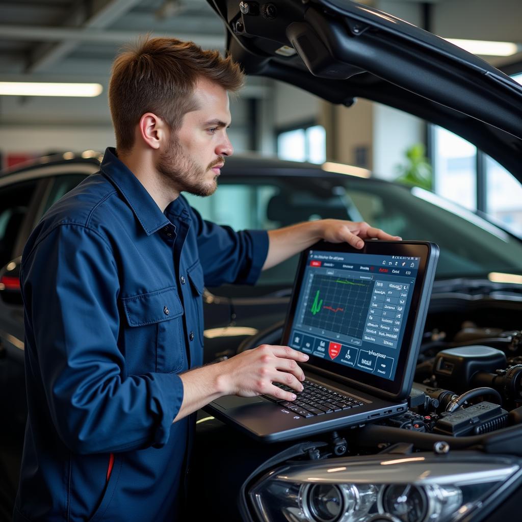 Mechanic Utilizing Professional-Grade Diagnostic System