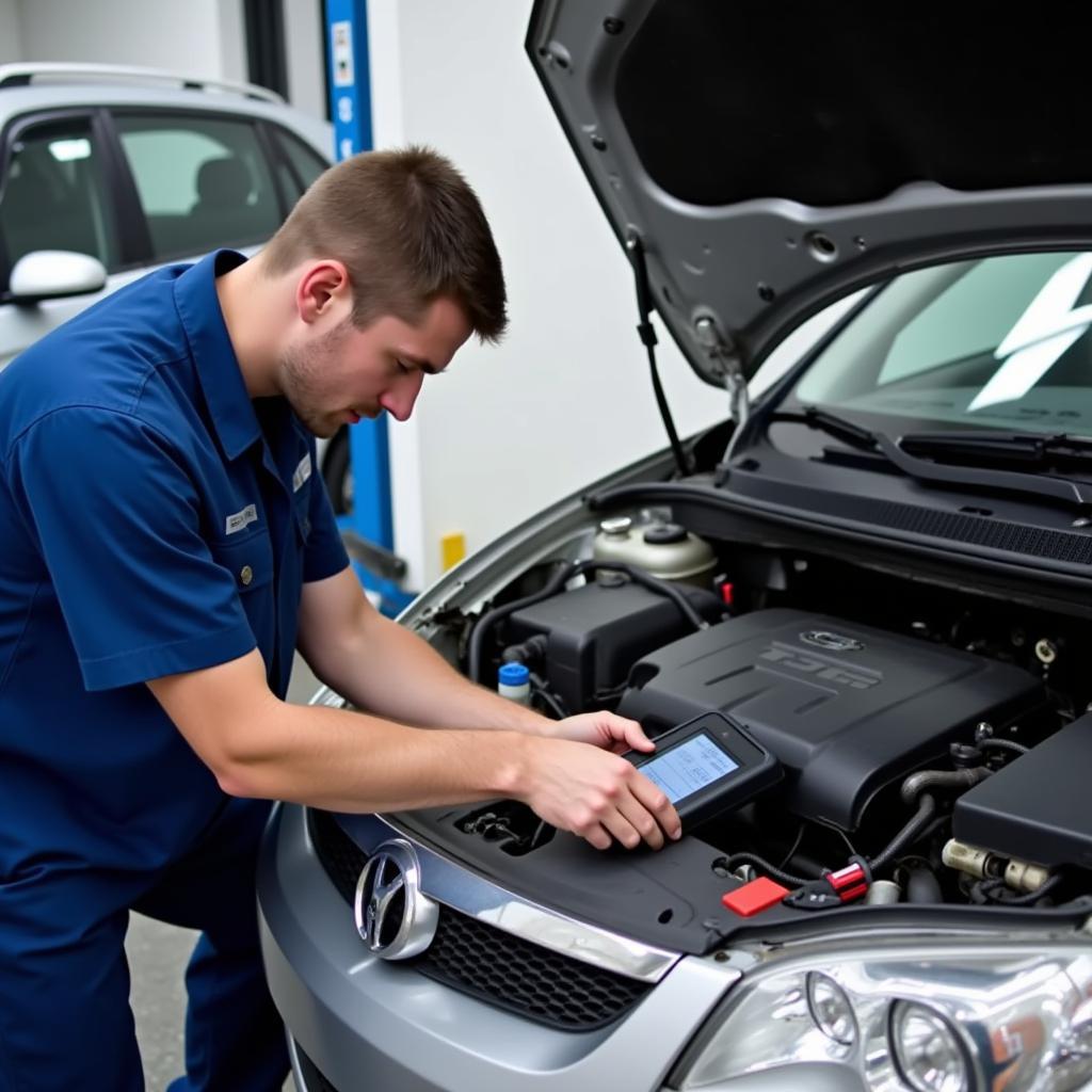 Mechanic connecting a rented car diagnostic scanner to a vehicle