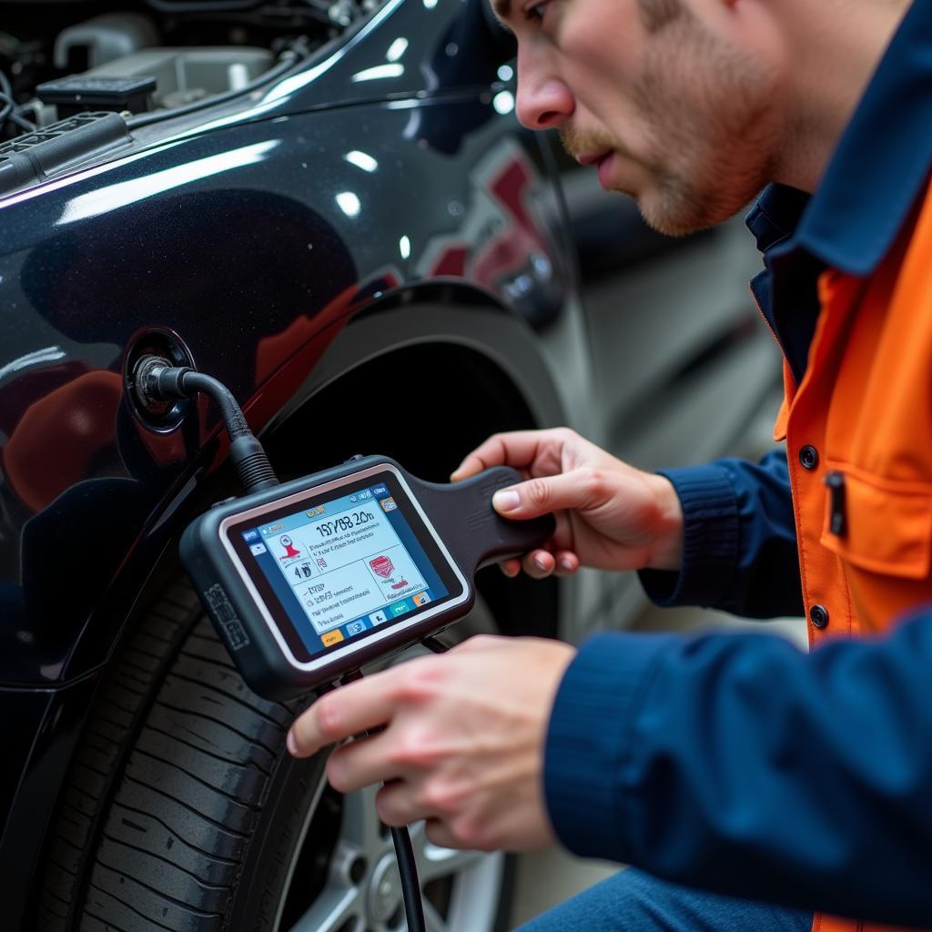 Mechanic Utilizing a Scan Tool for Car Diagnostics