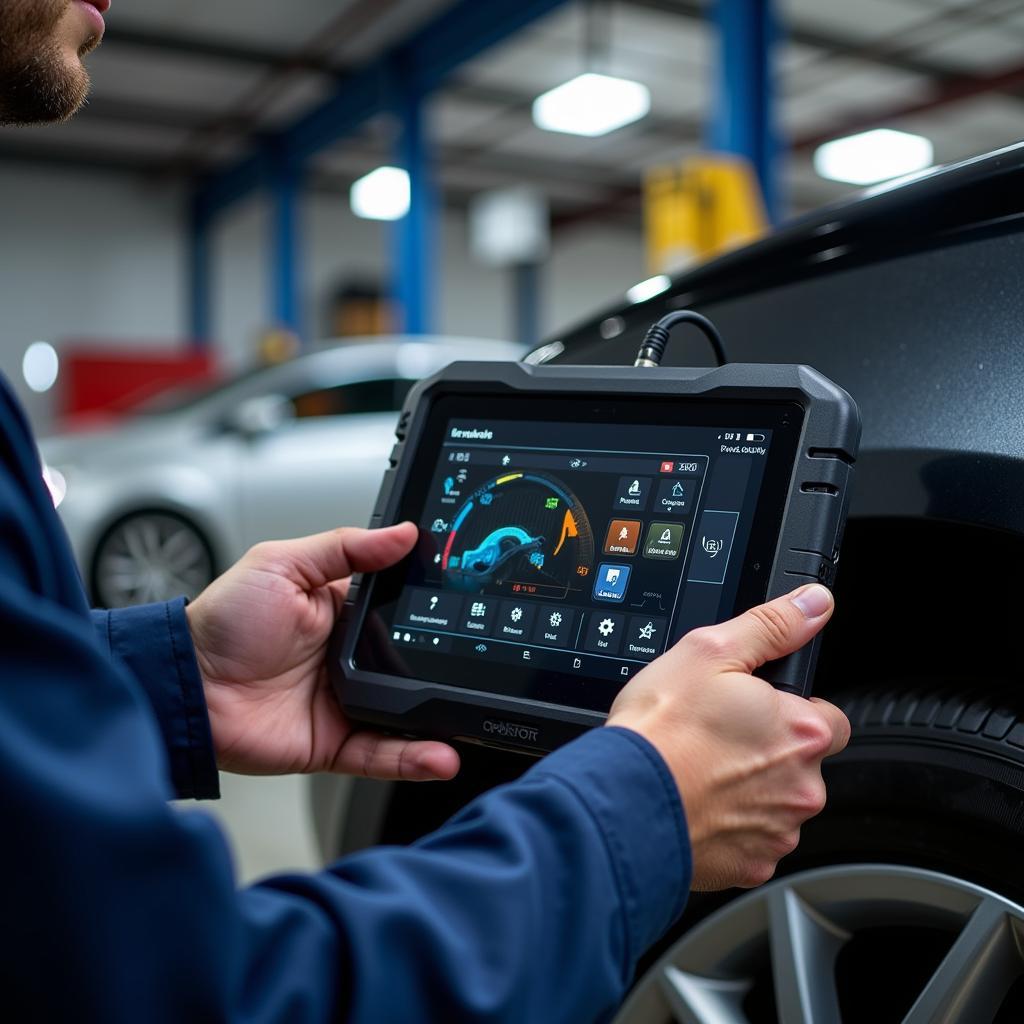 Mechanic using a scan tool on a car in a garage