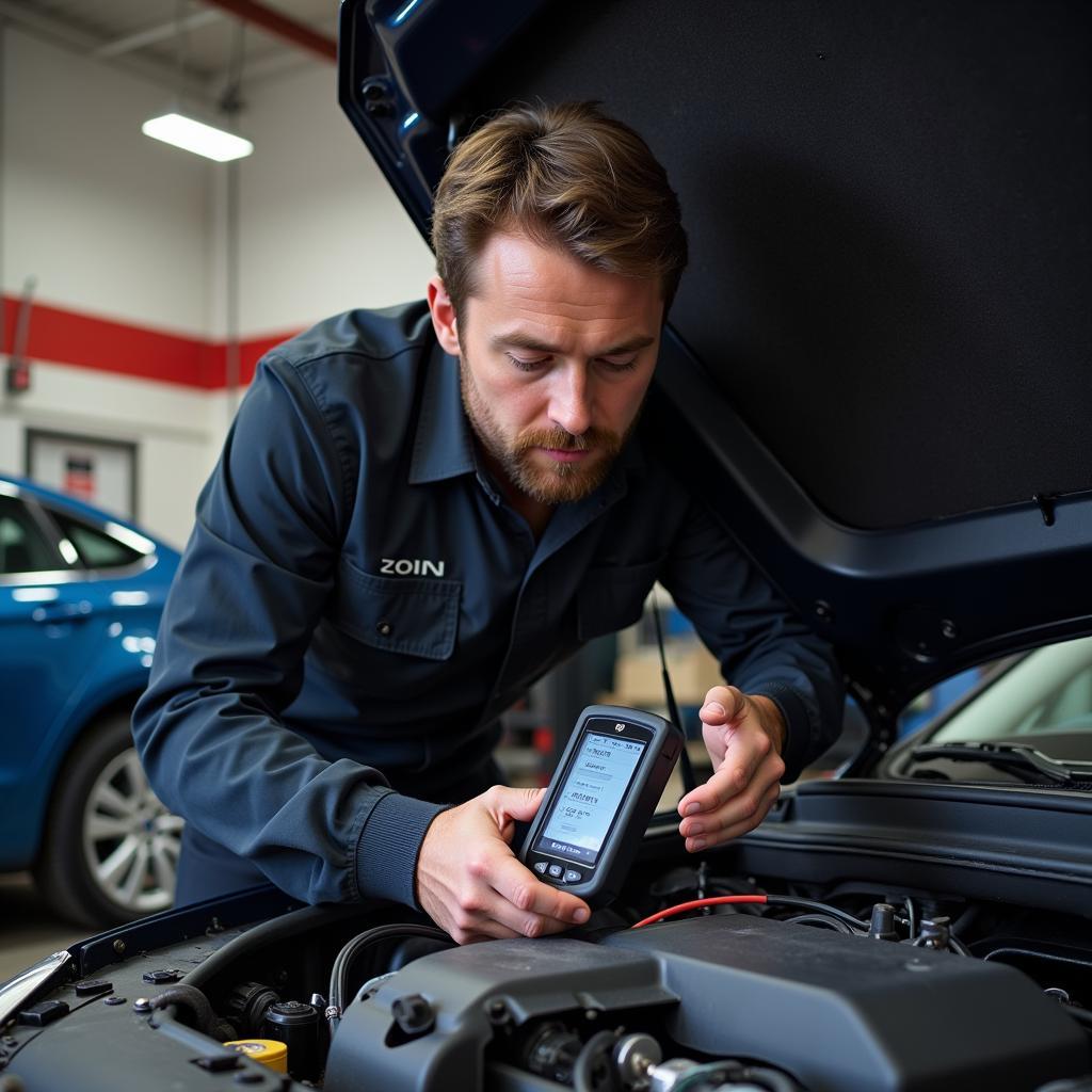 A mechanic is using a universal car diagnostic scanner to diagnose a car's engine problem.