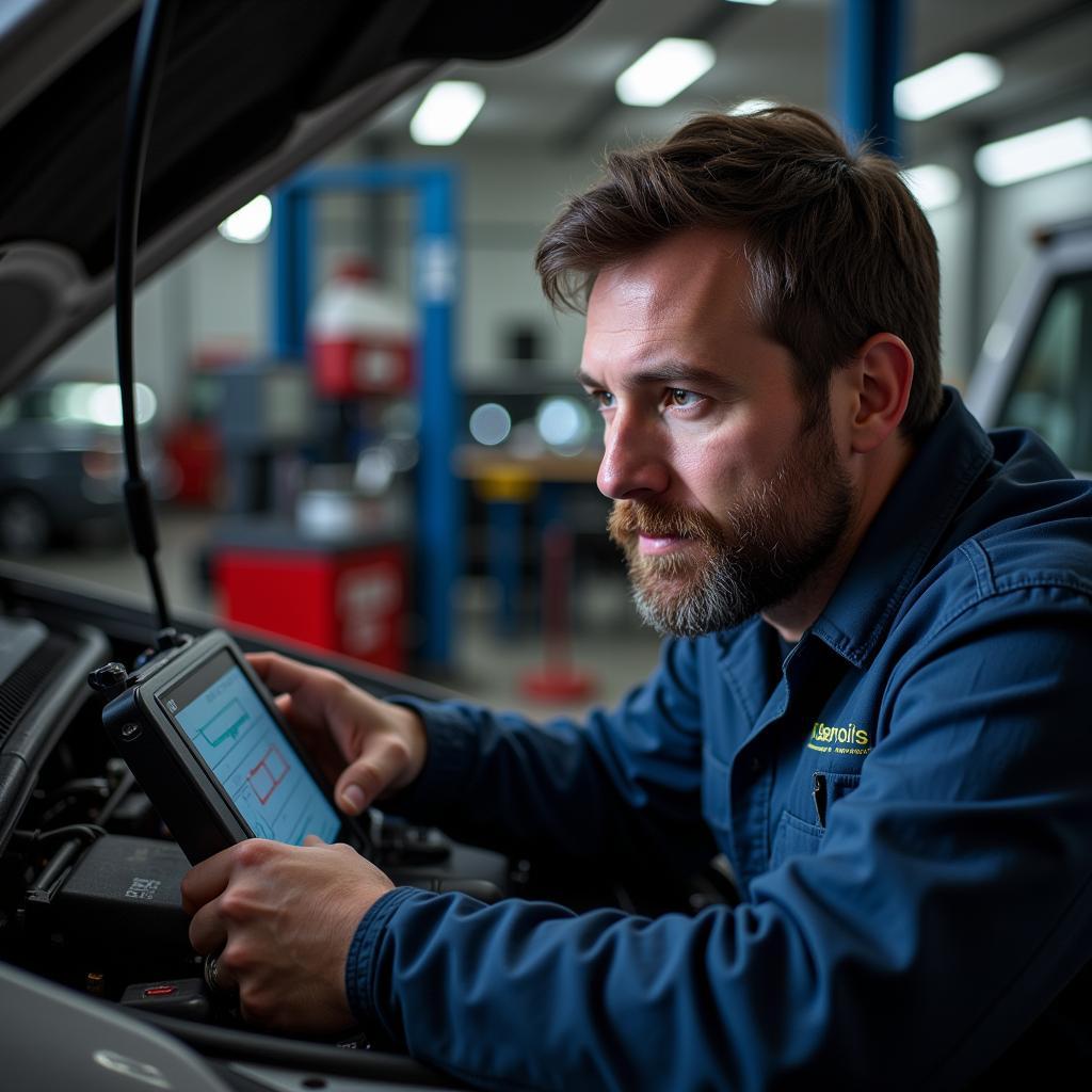 Mechanic Utilizing a Car Diagnostic Scanner