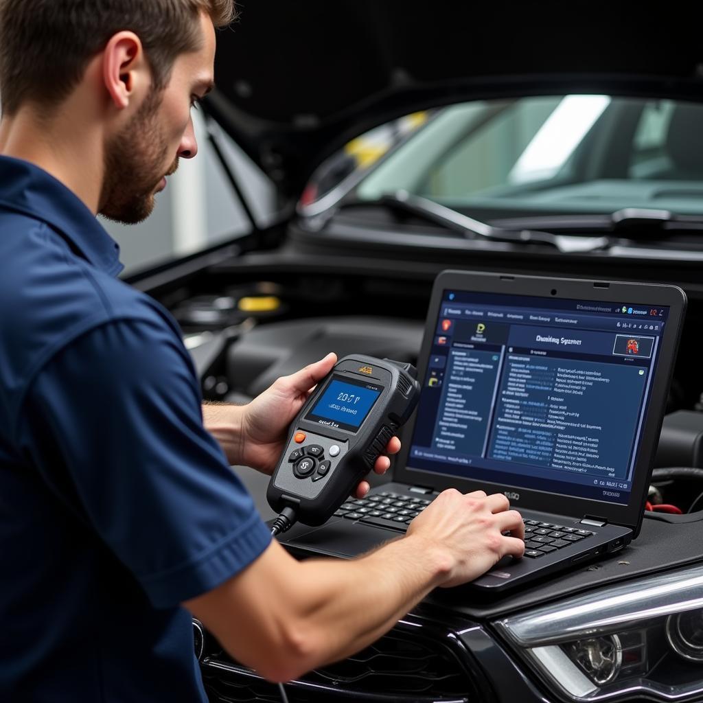 Mechanic Diagnosing Car with Scanner and Laptop