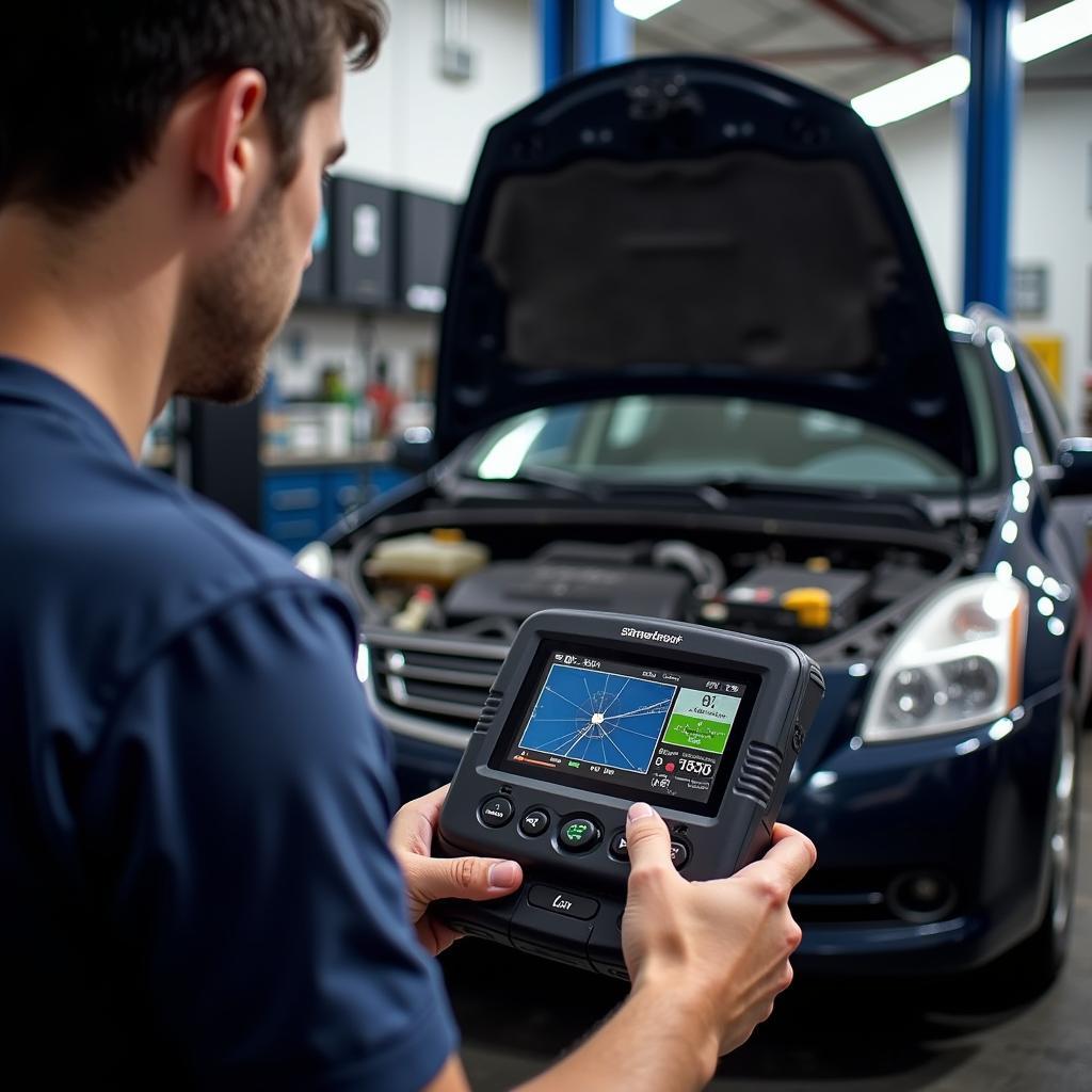 Mechanic using a car diagnostic scanner to diagnose transmission issues