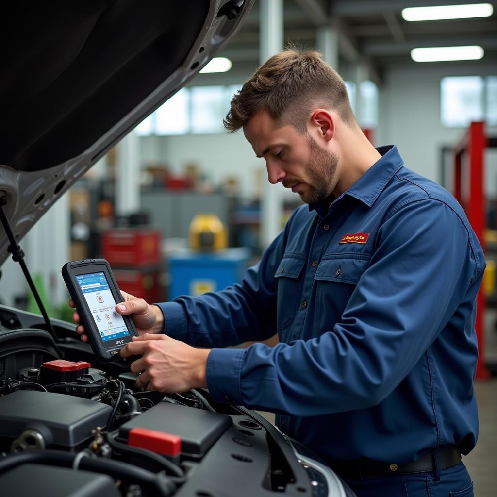 Mechanic Using Snap-on Scanner in Auto Shop