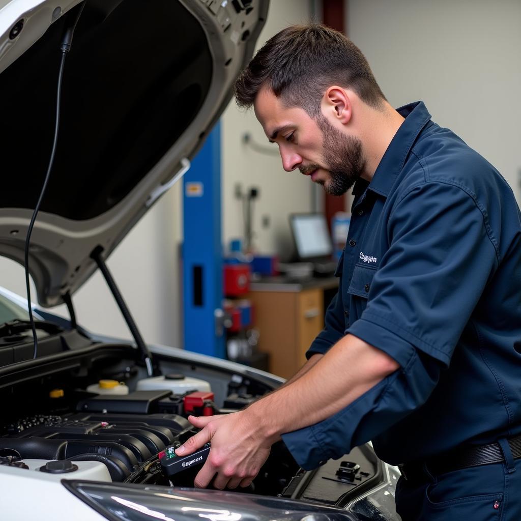 Mechanic using a Snap-on scanner to diagnose a car engine.