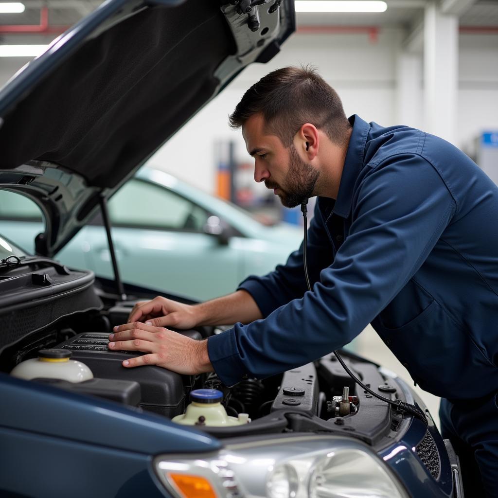 Mechanic using a stethoscope on a car engine to diagnose a problem