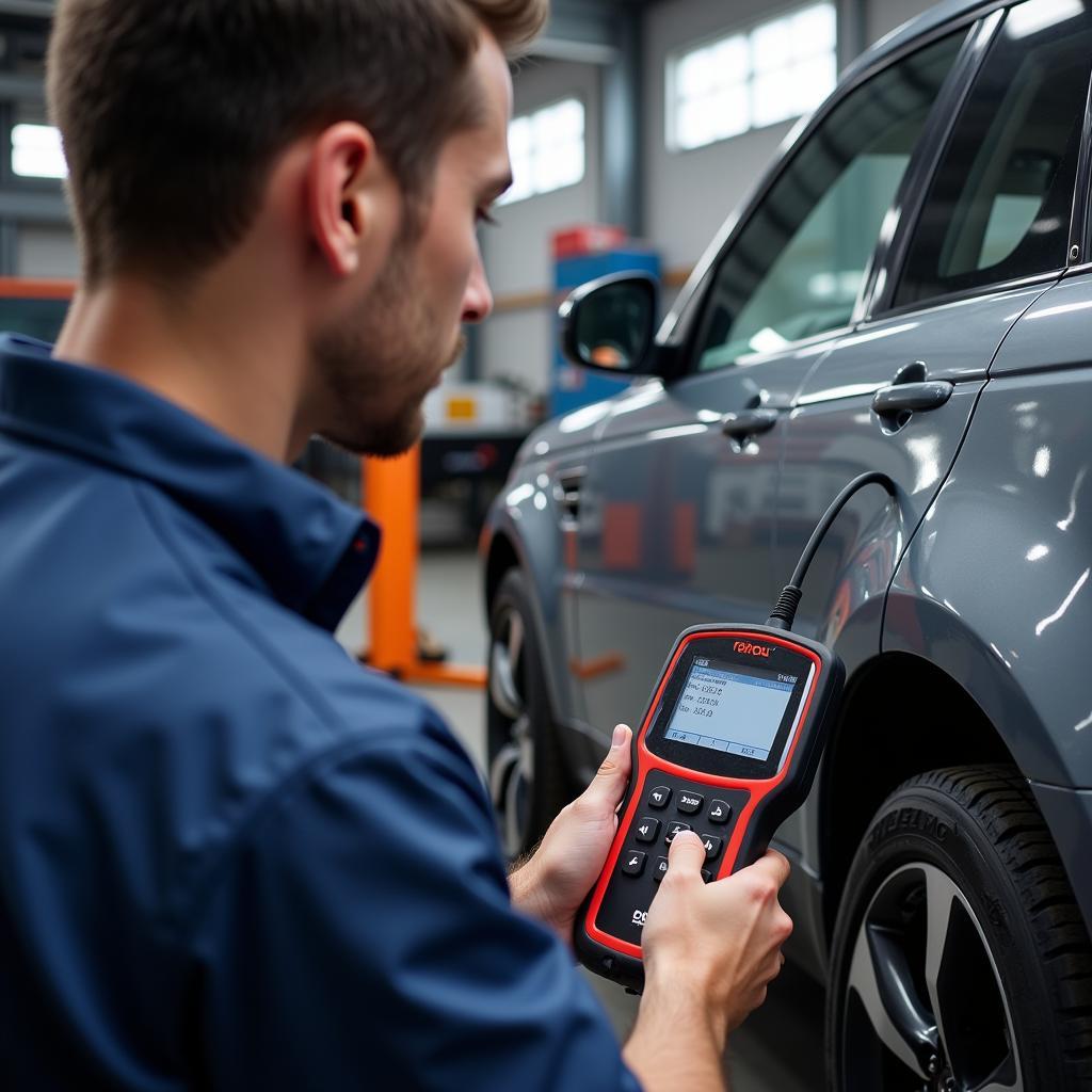 Mechanic Diagnosing Vehicle with T300+